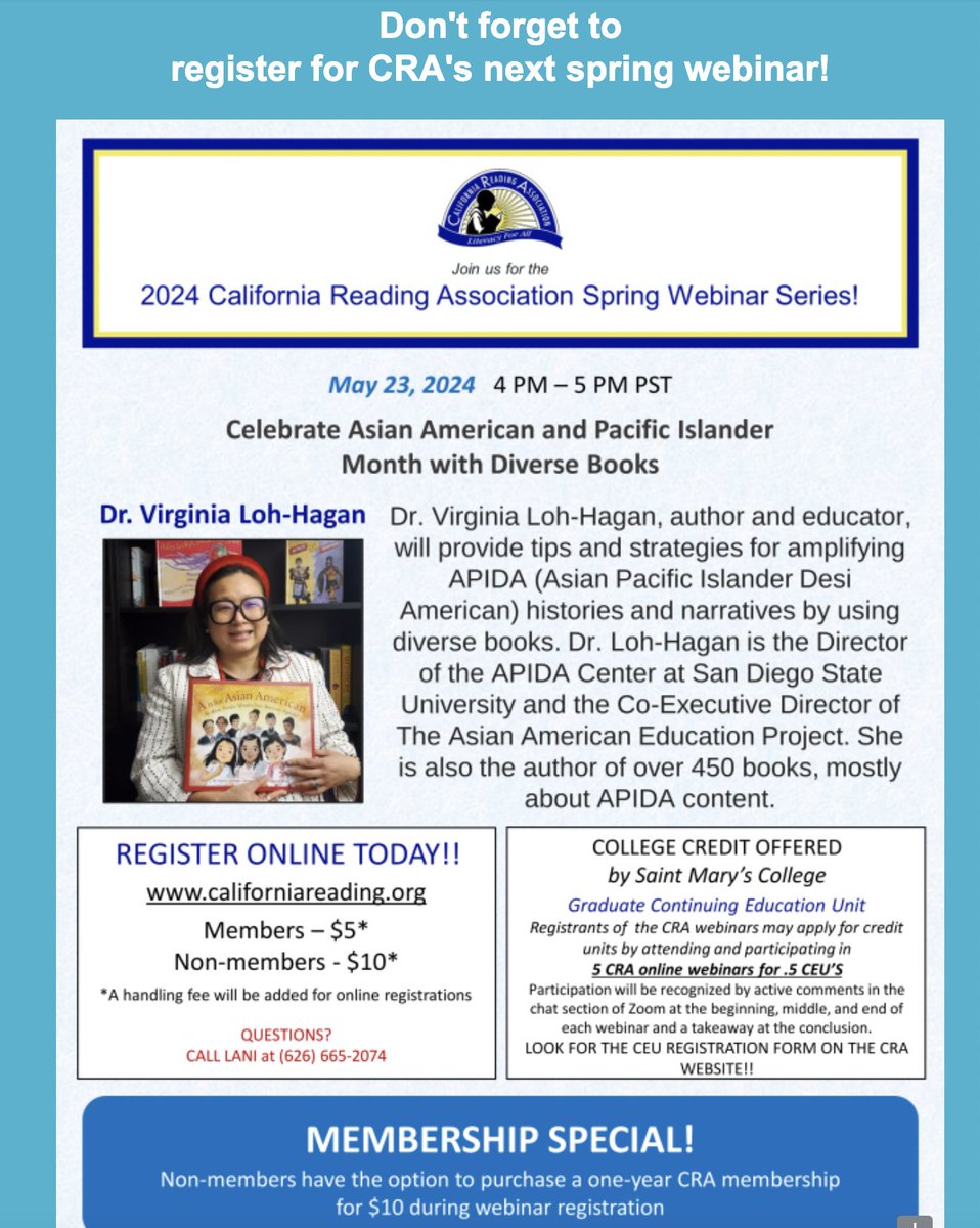 Celebrate  Asian American and Pacific Islander month by attending CRA's spring webinar with Dr. Virginia Loh-Hagan! Register now! @ILAToday @CRAreading @virginialoh @ReadingVCRA @ncte @4csla @cyrmaward