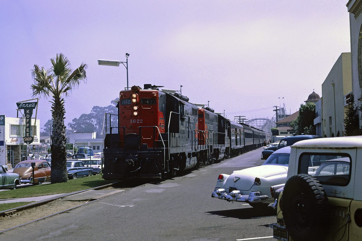 A pair of Southern Pacific GP9's await departure from Santa Cruz, California with the final 'Big Trees Picnic Train' excursion during August of 1965. Drew Jacksich photo. american-rails.com/sp.html