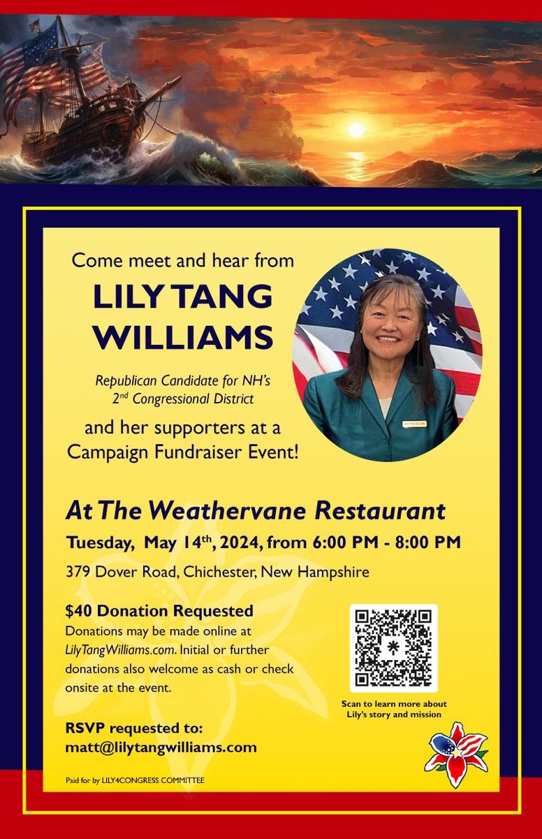 Do you live near Chichester, NH? Please join us at this Meet & Greet Fundraiser event on the 14th from 6-8pm. Can't make it? Please donate online or mailing a check. I need the grassroots support to win my primary on Sept. 10th. lilytangwilliams.com #NH02 #NHPolitics…