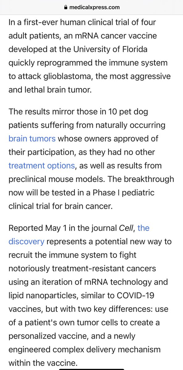 sarthakgh's tweet image. “"In a first-ever human clinical trial of four adult patients, an mRNA cancer vaccine developed at the University of Florida quickly reprogrammed the immune system to attack glioblastoma, the most aggressive and lethal brain tumor."

Stunning