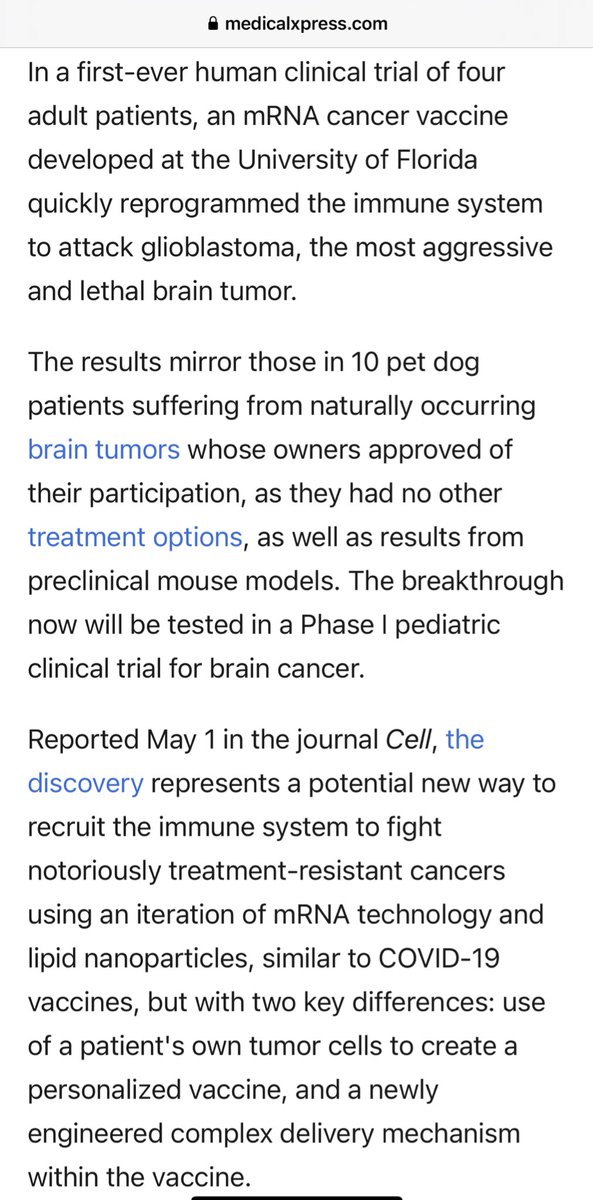 “'In a first-ever human clinical trial of four adult patients, an mRNA cancer vaccine developed at the University of Florida quickly reprogrammed the immune system to attack glioblastoma, the most aggressive and lethal brain tumor.' Stunning