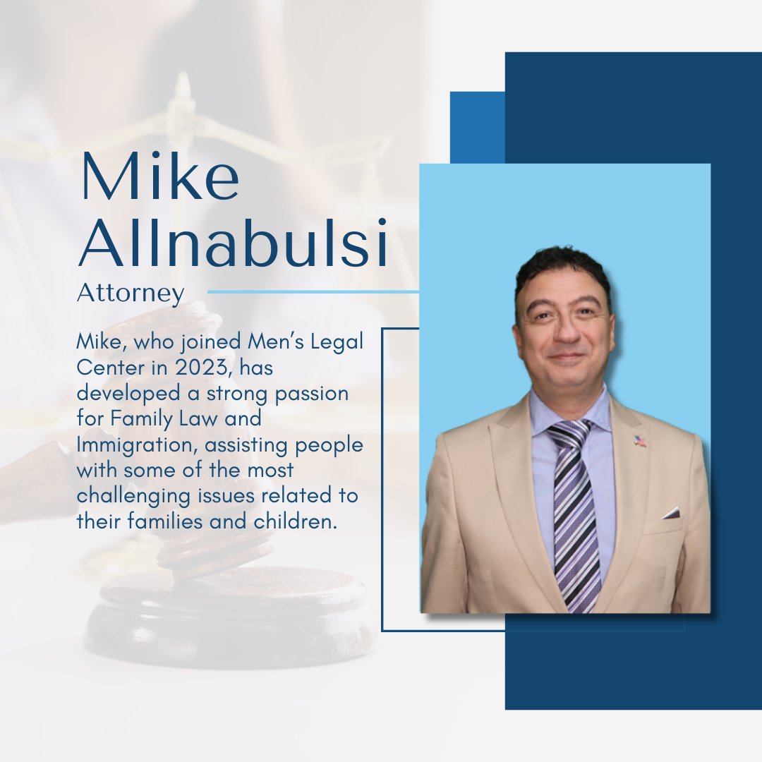 🌟 Meet Mike Allnabulsi, an attorney at The Men's Legal Center in San Diego! 

##LegalAdvocate #CompassionateRepresentation  #FamilyLaw #ImmigrationLaw #Diversity #AmericanDream #LegalAid  #MensLegalCenter #SanDiego #LegalSupport