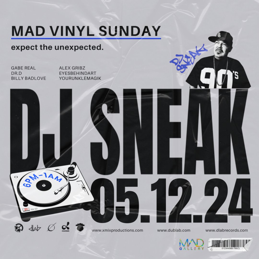 .@DJSneakBusiness , a pioneering figure in house music with his distinctive blend of Chicago and Latin influences, is playing a special all-vinyl set next Sunday, May 12th 📍1926 E 7th Place, LA 90021⁠ (Free on-site parking)⁠ 6p-2a⁠ Tickets here! -> posh.vip/e/512-mad-viny…