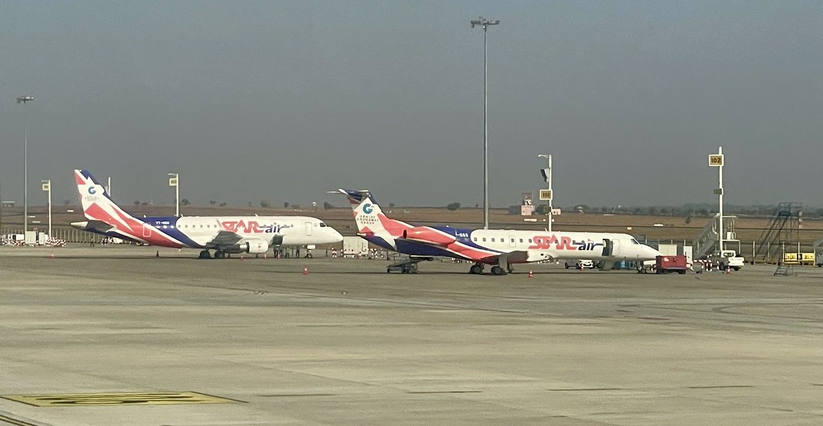Two different @embraer RJs in @OfficialStarAir colours at @BLRAirport. #avgeek #Embraer #planespotting #BLRAirport #RegionalJet #E145 #E175