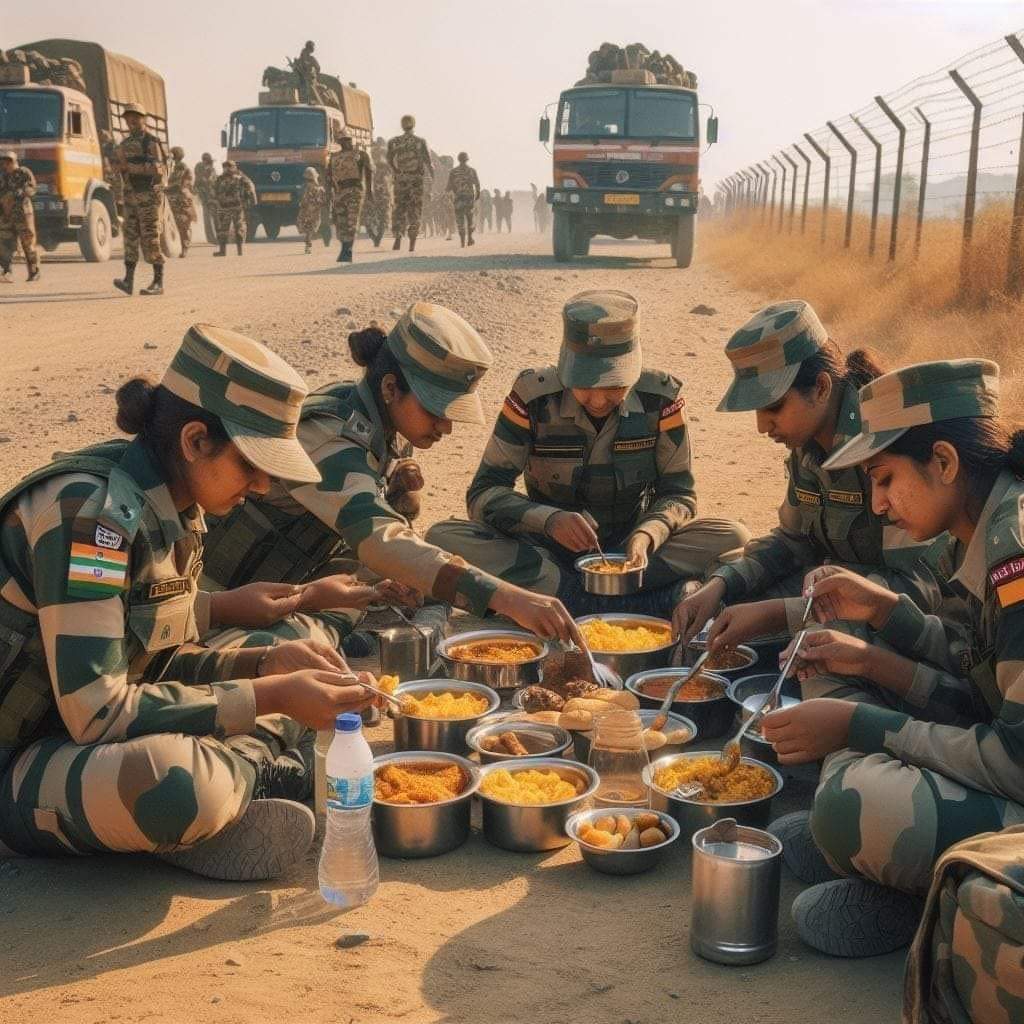 #IndianArmy #WomenSoldiers eating food on the road while on duty in 48° sun in Badmer, Rajasthan, border of India with Pakistan. We should admire not only those who wear makeup and dance in scantily clad clothes but these real heroes as well. Jai Jawan Jai Bharat #ILoveBharat