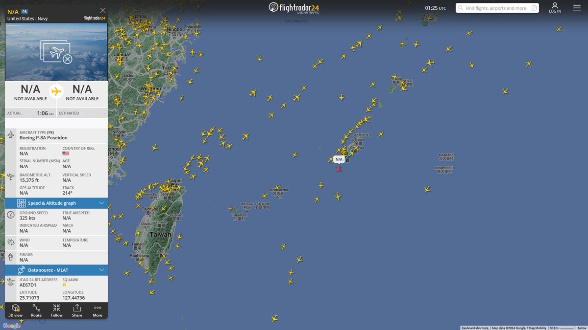 AIYeyENGDdJkjTr's tweet photo. May 5, 2024
#Okinawa Kadena Air Base #South China Sea

#NoCALLSIGN #AE67D1 USN P-8A Poseidon 

Refueling
#PEARLl37 / #NoCALLSIGN #AE04EC USAF KC-135R Stratotanker https://t.co/DJvFAjGsbU