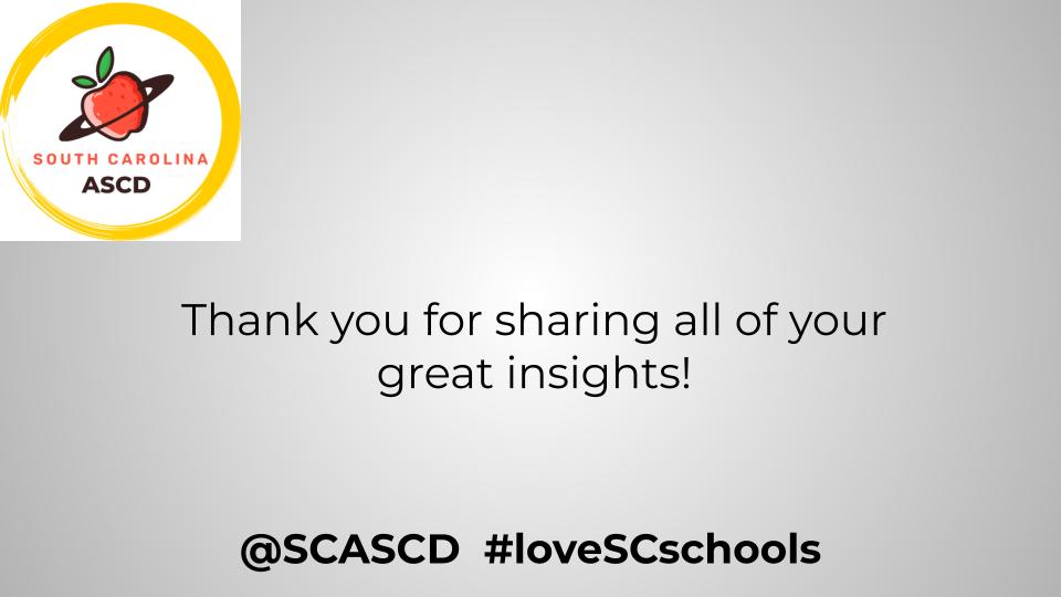 Thank you everyone who joined the @SCASCD chat on 'Supporting Educators and Students in a Season of Assessments'! Wishing you all a successful testing season at your schools.  Search for hashtag #loveSCschools to read all ideas shared!