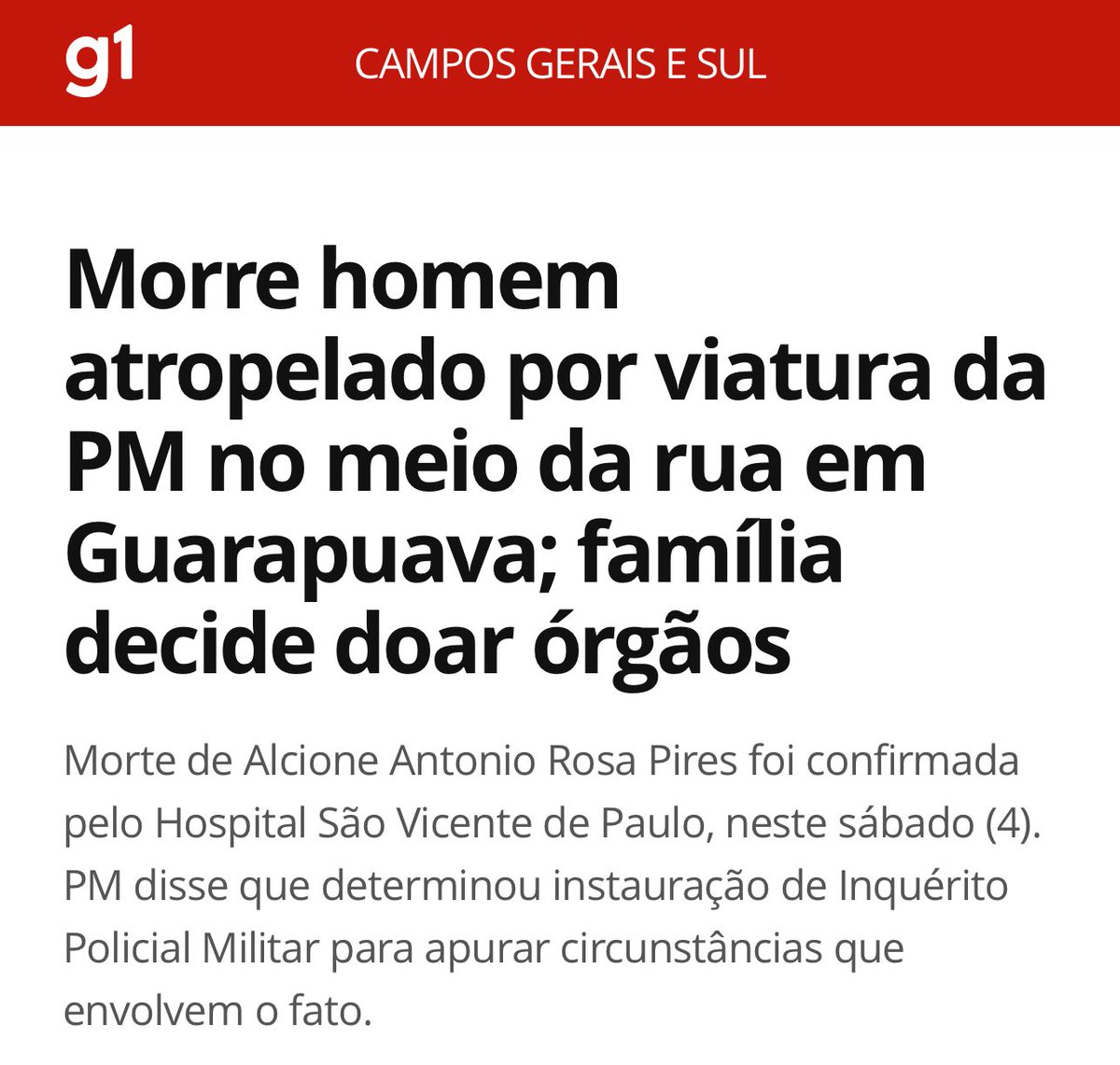 lazarorosa25's tweet image. Policiais assassinos! Morre homem atropelado de propósito por policiais da PM de Guarapuava, Paraná. A família de Alcione Antônio Rosa decidiu doar os órgãos. Cara, que nojo! Que revolta!

Cadeia nesses delinquentes!