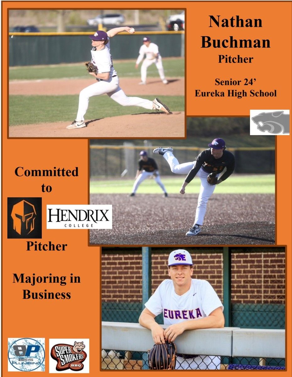 Our latest senior is Nathan Buchman, one of our 4 year program pitchers.  Going on to continue the drive with Hendrix College in the fall, wishing the best!  Thanks to our sponsors, long time EHS supporters Beis Plumbing and Super Smokers.
