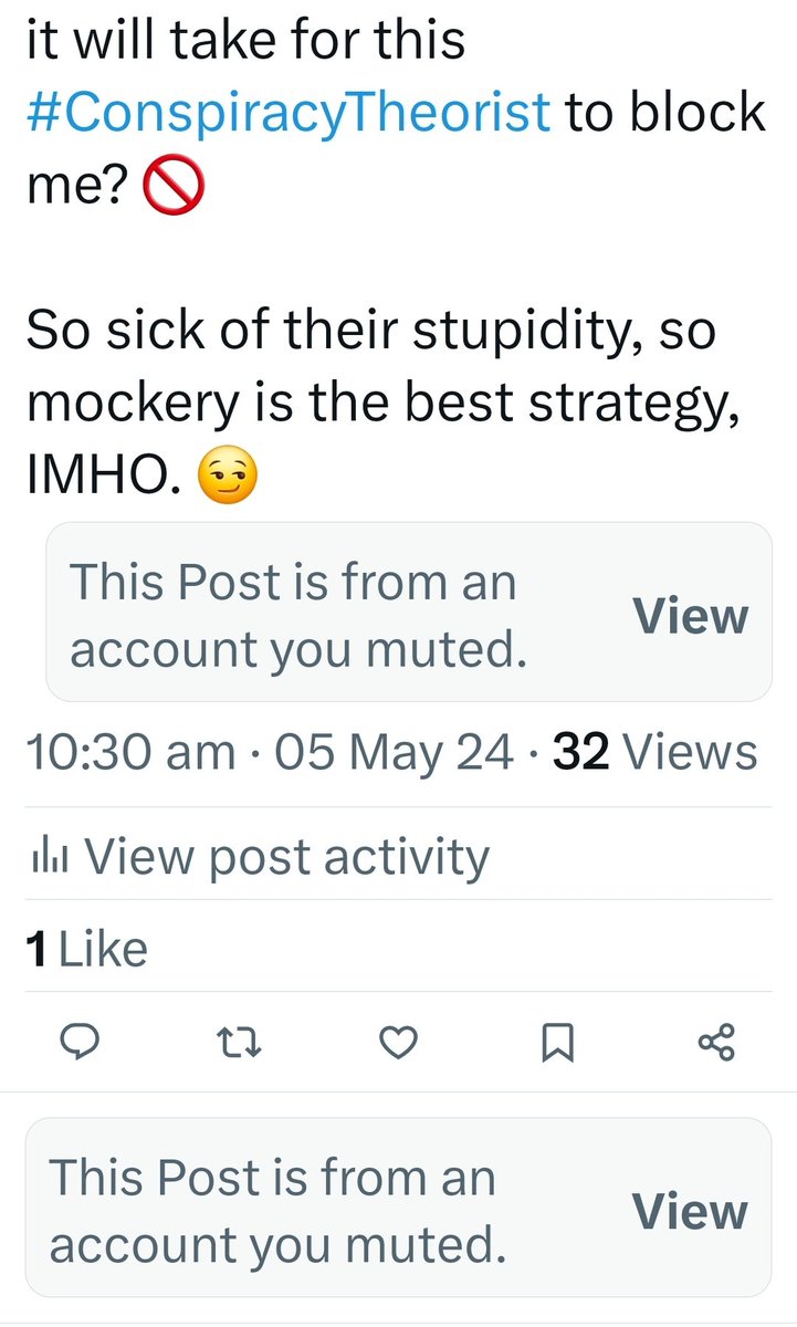 Bahahahaha, see, SO STUPID! 😅 I told this numpty I was muting him, but he's screeching into the ether anyway. What a moron. ☺️ FYI, dumbarse, I haven't - & won't - be reading your additional 🐂💩... but screech away! 🤪 #ConspiracyTheory #ConspiracyTheorist