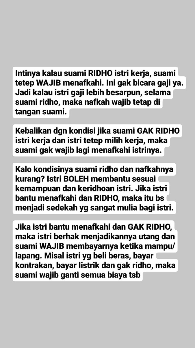 Udah beberapa hari aku liat temlen isinya perkara nafkah dan istri bekerja. ini kurangkum dr kajian2 ustad Ammi ttg fiqh nafkah dan kewajiban suami istri.

Setelah mau 10 taun nikah, ilmu agama krusial bgt guys, jgn sampe clueless dlm ngejalanin rumah tangga 😭