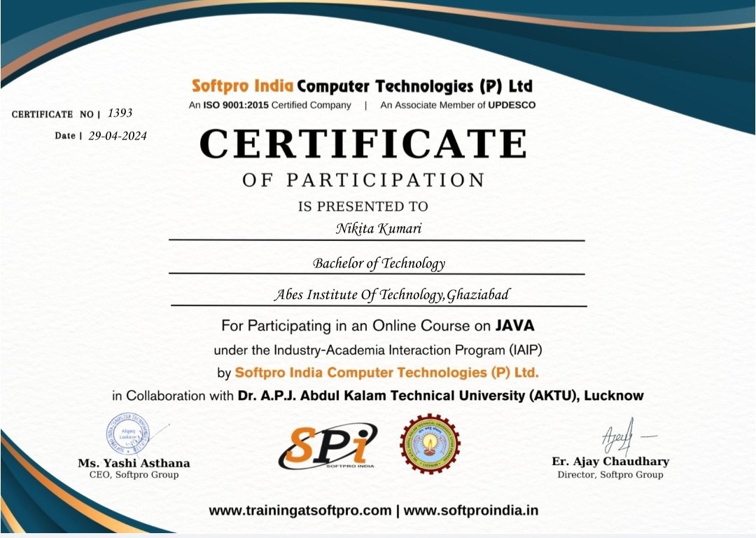 nikitasmcsnes's tweet image. I'm thrilled to share that I have successfully completed the online java course at @softproindia @softproindia01 Grateful for the support and guidance from the team.
#java #softproindia #javacertification