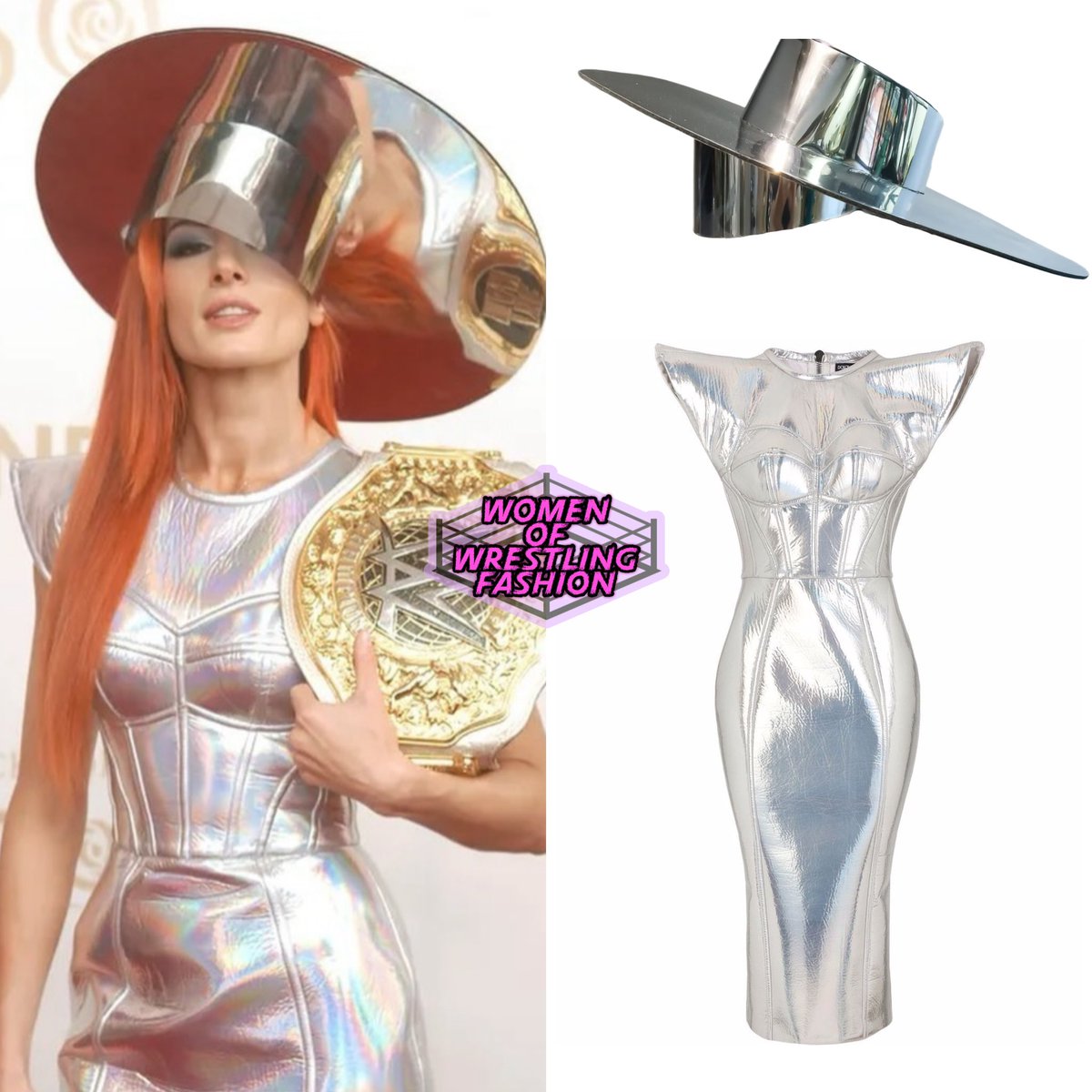 For the #KentuckyDerby, @BeckyLynchWWE wore the Asymmetric Futuristic Chrome Zorro Hat from #DivampCouture ($1,318) & Metallic-Effect Bustier Dress from #DolceGabbana ($1,609 - on sale)