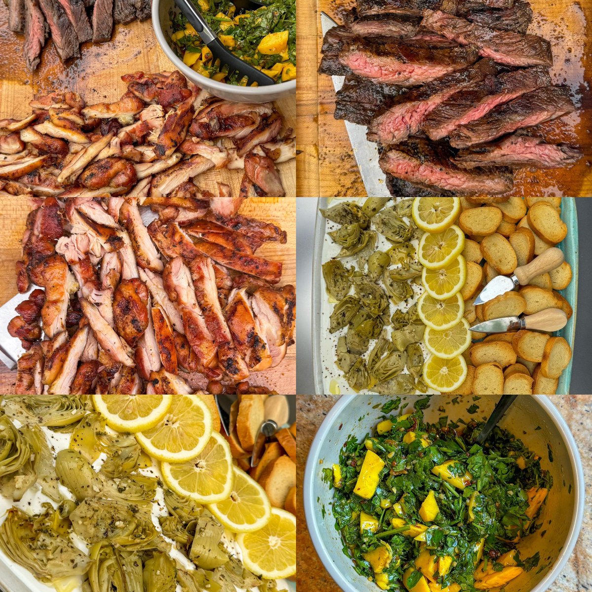 The aftermath, charcoal skirt steak with a coffee/black garlic rub and spicy mango chimmichurri. A goat cheese yogurt dip with marinated artichoke and crustini. Finally smoked Thighs with Texas sugar honey rub. Pull up a chair, thank the Lord and dig in!