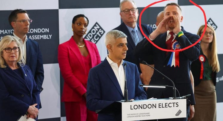 As #SadiqKhan was re-elected #Mayor of #London for a 3rd term, his victory speech was interrupted by boos and heckling. #BritainFirst's #NickScanlon stormed across the stage chanting “Khan killed London”!

@NickScanlon16 #England #SusanHall #Labour #Tory #Pakistan