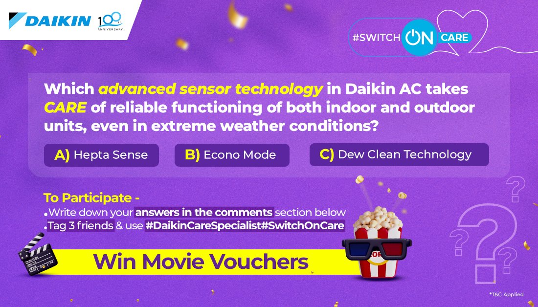 Ready for another round of fun? Share your answers in the comments using #SwitchOnCare and #DaikinCareSpecialist, and tag 3 of your friends. Lucky winners stand a chance to win a movie voucher! T&Cs apply​. #DaikinCareSpecialist #SwitchOnCare #DaikinIndia #Contest #ContestAlert