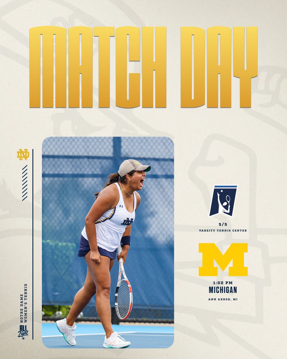 MATCHDAY! We're back in action as we take on #3 Michigan this afternoon! 🏟️Varisty Tennis Center 🕐 1 p.m. 📊 sidearmstats.com/umichigan/tenn… 🖥️ web.playsight.com/facility/unive… 🖥️ youtube.com/live/eWj0fLZj3… #GoIrish☘️