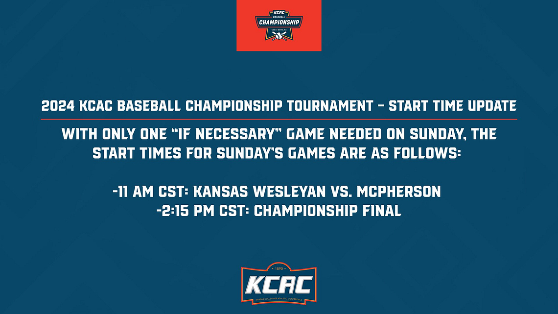 With only one 'If Necessary' game needed tomorrow, start times have changed for Sunday at the KCAC Baseball Championship Tournament. The rematch between @MAC_Bulldogs and @kwucoyotes will take place at 11 AM, while the championship final will take place at 2:15 PM. #KCACbsb…