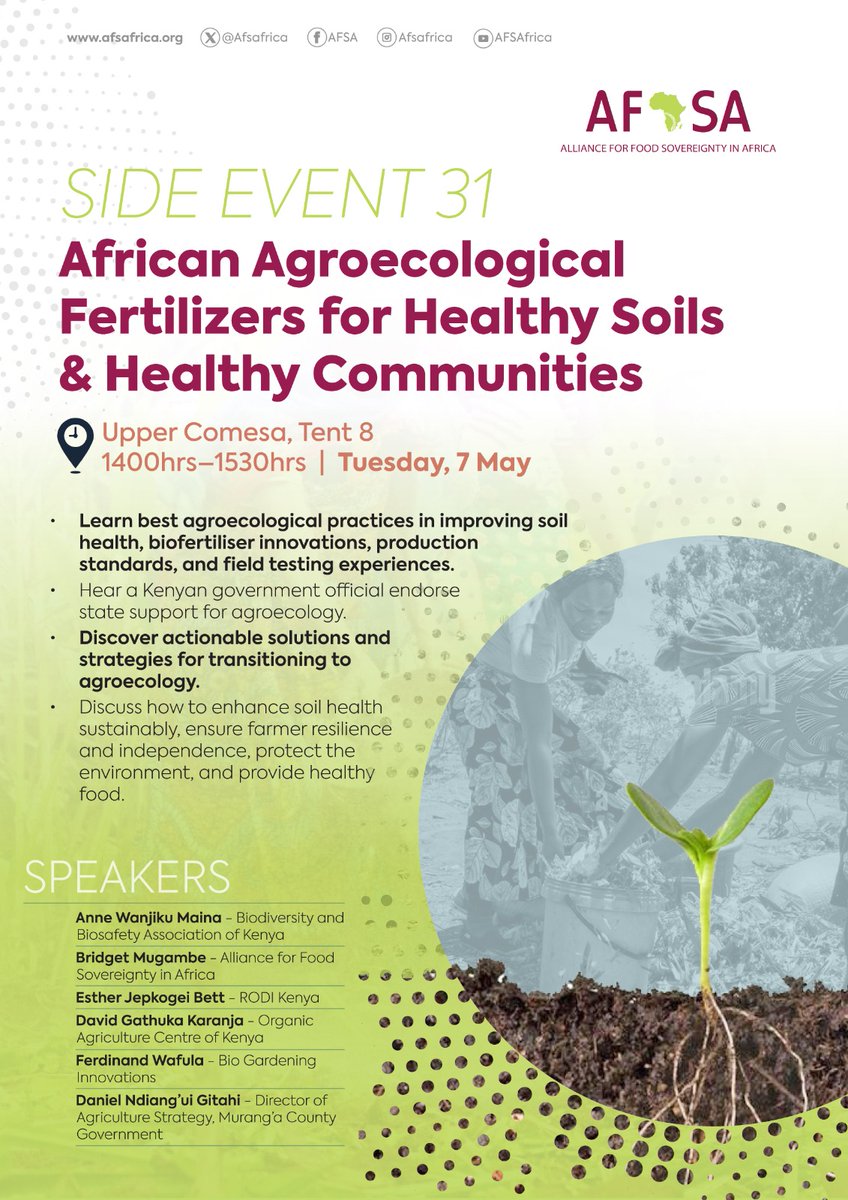 AFSA SIDE EVENT || AU FERTILIZER AND SOIL HEALTH SUMMIT African Agroecological Fertilizers for Healthy Soils & Healthy Communities Venue: Upper Comesa, Tent 8, Kenyatta International Convention Center, Nairobi 14:00–15:30 Tuesday 7 May 📌 Virtual attendance is available!