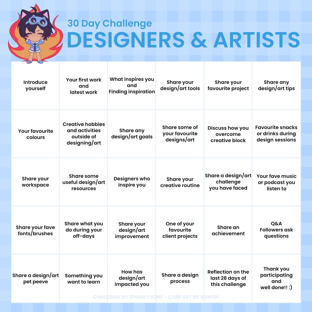 SpookySony's tweet photo. 30 Day Designers & Artists Challenge
A challenge to help you push out content and meet new people 💙
Feel free to start whenever and how ever you want!
You can QRT this, use the hashtag #SonyCreative30 or attach this image with your post
Most importantly, have fun! ✨