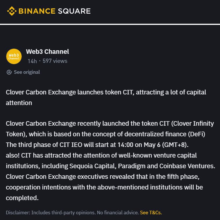 🌿 🎉 Clover Carbon Exchange shines on Binance News! Phase 3 of CIT IEO set for May 6th launch, attracting attention from top capital institutions!

#CloverInfinity #CIT #Blockchain #SustainableFinance  #CCE #CloverCarbonExchange #CarbonMarket #Crypto #IEO #ico