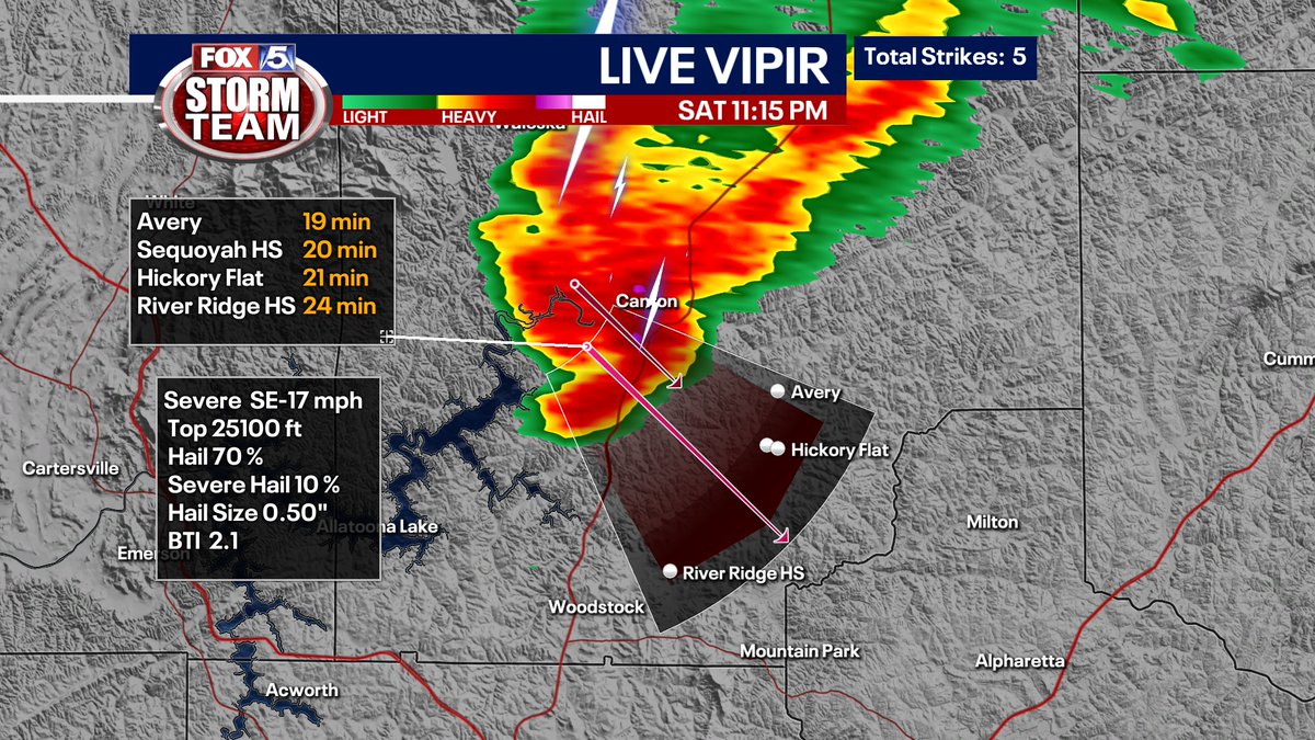 JStaceonFOX5's tweet image. Right now, I&apos;m tracking a strong storm cell moving over I-575 in Cherokee County. Here&apos;s where it&apos;s heading next... #gawx @FOX5Atlanta #FOXLocal