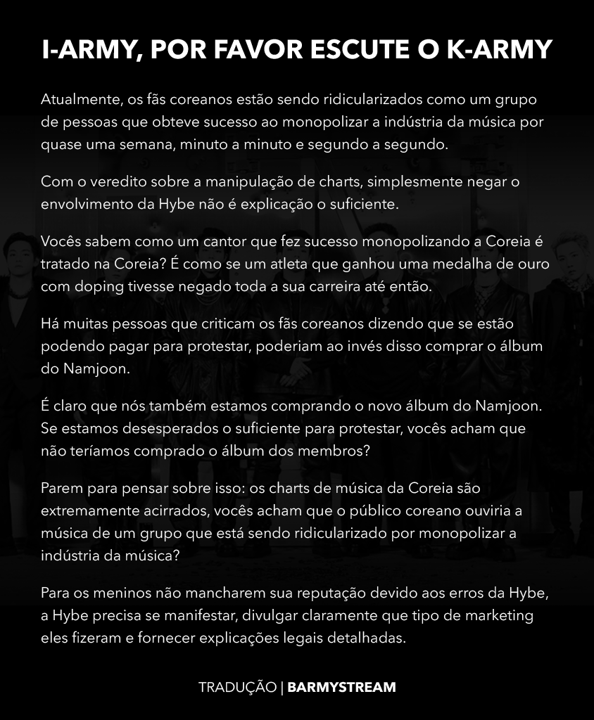 BARMYSTREAM's tweet photo. <I-ARMY PLEASE LISTEN TO K-ARMY>

Mensagem das armys coreanas para o resto do fandom. Leiam com calma e repassem

Precisamos nos manter fortes e defender nossos meninos.

#되어줄게_방탄의힘
#아미는_방탄만지켜 https://t.co/Dqip76kywk