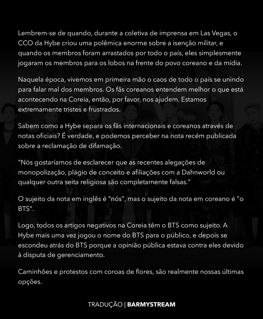 BARMYSTREAM's tweet photo. <I-ARMY PLEASE LISTEN TO K-ARMY>

Mensagem das armys coreanas para o resto do fandom. Leiam com calma e repassem

Precisamos nos manter fortes e defender nossos meninos.

#되어줄게_방탄의힘
#아미는_방탄만지켜 https://t.co/Dqip76kywk