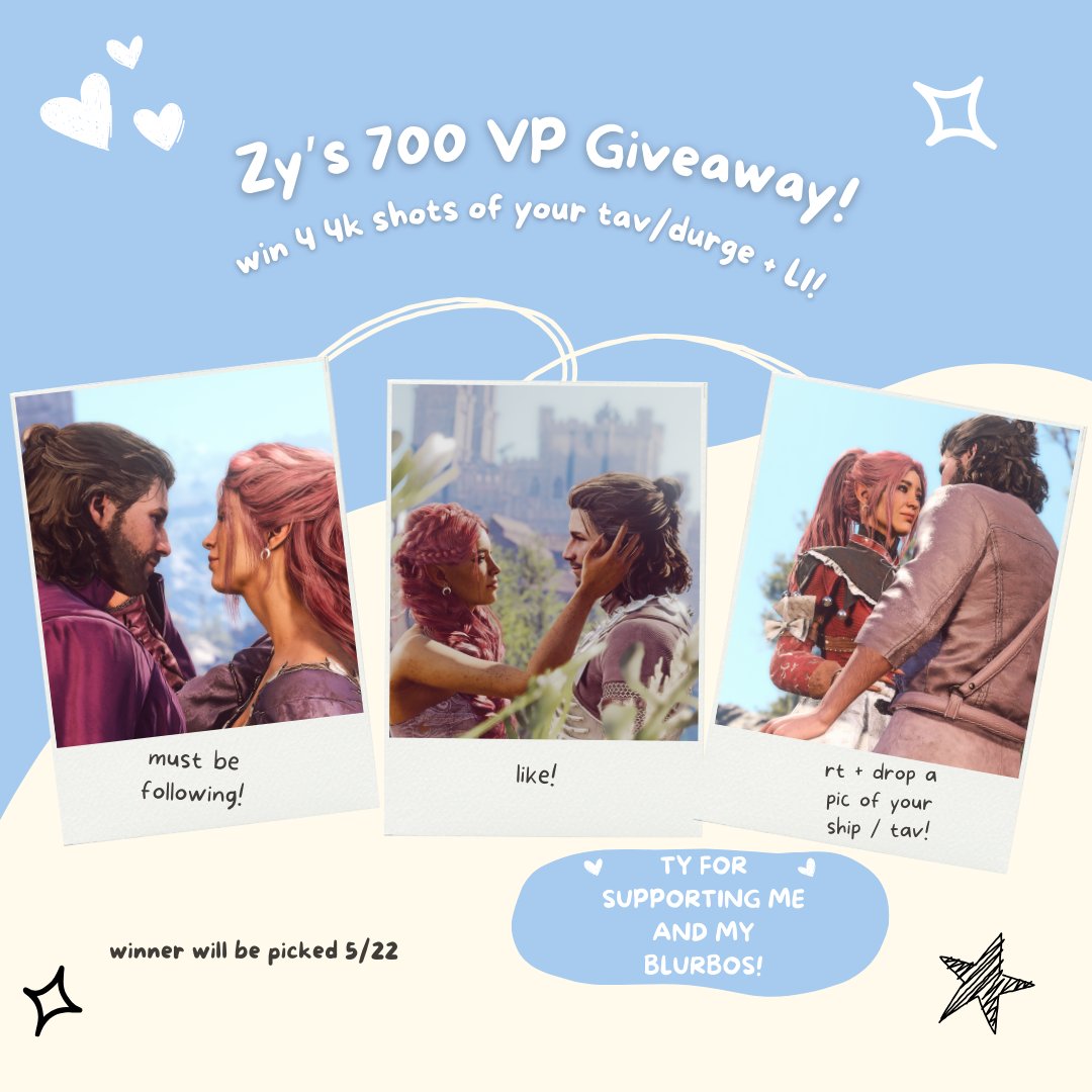 🌷 700 VP giveaway!! 🌈 I wanted to give back to yall for being my friends and following me! have a chance to win 4 4k shots of your tav/durge (+their LI!)!! all you have to do is follow me, like this tweet, rt and just a pic of ur tav / ship <3 ends 5/22 :D!! good luck <3