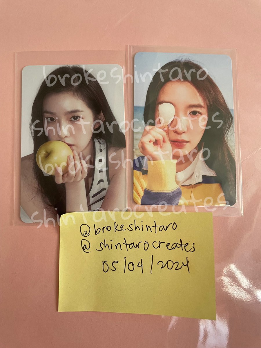 brokeshintaro's tweet photo. WTS LFB PH 

1 Page of Irene Lucky draw and Hidden photocard round 2

• irene apple 1700php
• irene seashell 2100php
• set price: 3700php
• ON HAND 
• ship worldwide but ph prefer

tags: red velvet joohyun seulgi wendy joy yeri pc poca rv seungwan ww ld preorder benefit 1poi https://t.co/54nl5vDkbd