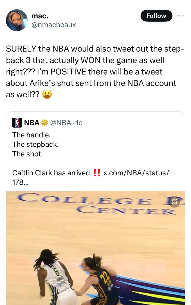It’s never enough lol. Used to be why doesn’t the NBA tweet more about the WNBA! Now it’s why doesn’t the NBA tweet about the WNBA EXACTLY how I want them to. It’s the preseason. Grow up.