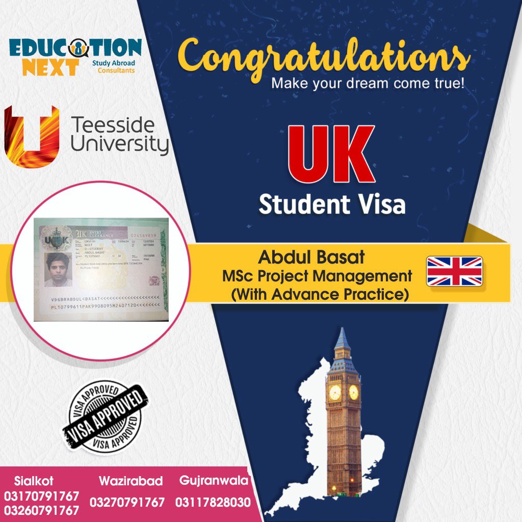 Congratulations to our student Mr. Abdul Basat on getting a UK student visa.
Contact us to achieve your milestones while studying abroad.
#studyabroad #studyinuk #SuccessStories #ukvisa #studyvisa #teessideuniversity
#EducationNext #sialkotcity #Sialkot #sialkotcantt #Wazirabad