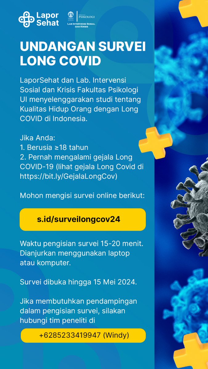 ‼️Undangan survei Long Covid‼️

Kami mengundang Anda mengisi survei online berikut: s.id/surveilongcov24

Mohon bantu repost/share form ini ke mereka yang pernah atau sedang mengalami gejala Long COVID-19🙏

Terima kasih dan salam sehat