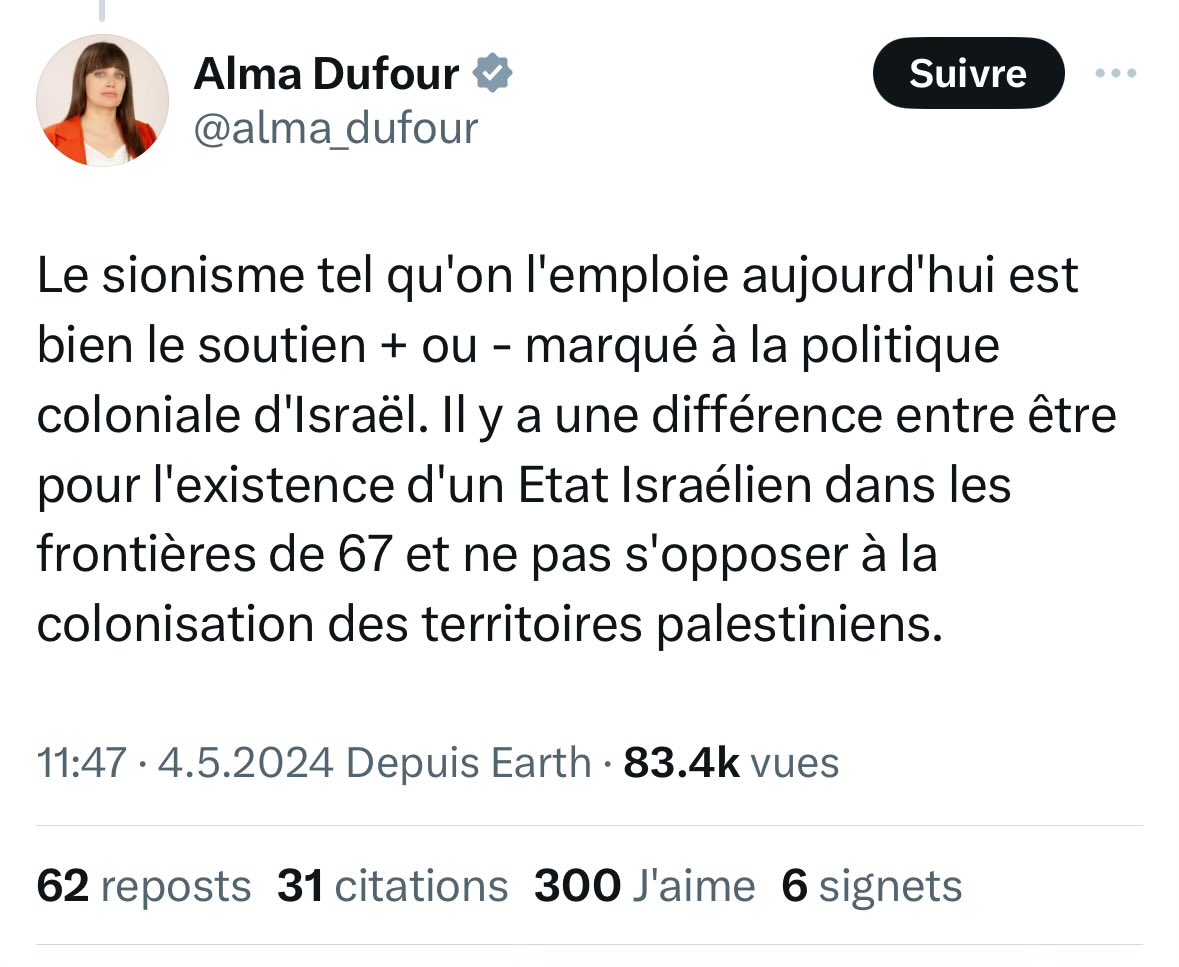 La LFI @alma_dufour se ridiculise et veut réinventer le sionisme. Bah non Alma ! Le sionisme est un mouvement deux fois millénaire dans les prières juives devenu un projet politique au 19e siècle. C'est pas une LFI en 2024 qui va réécrire l'histoire pour vomir sa haine.