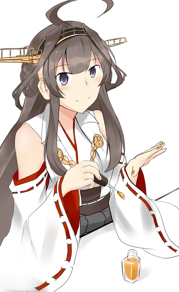 kongou (kancolle) 1girl solo long hair looking at viewer smile simple background brown hair  illustration images