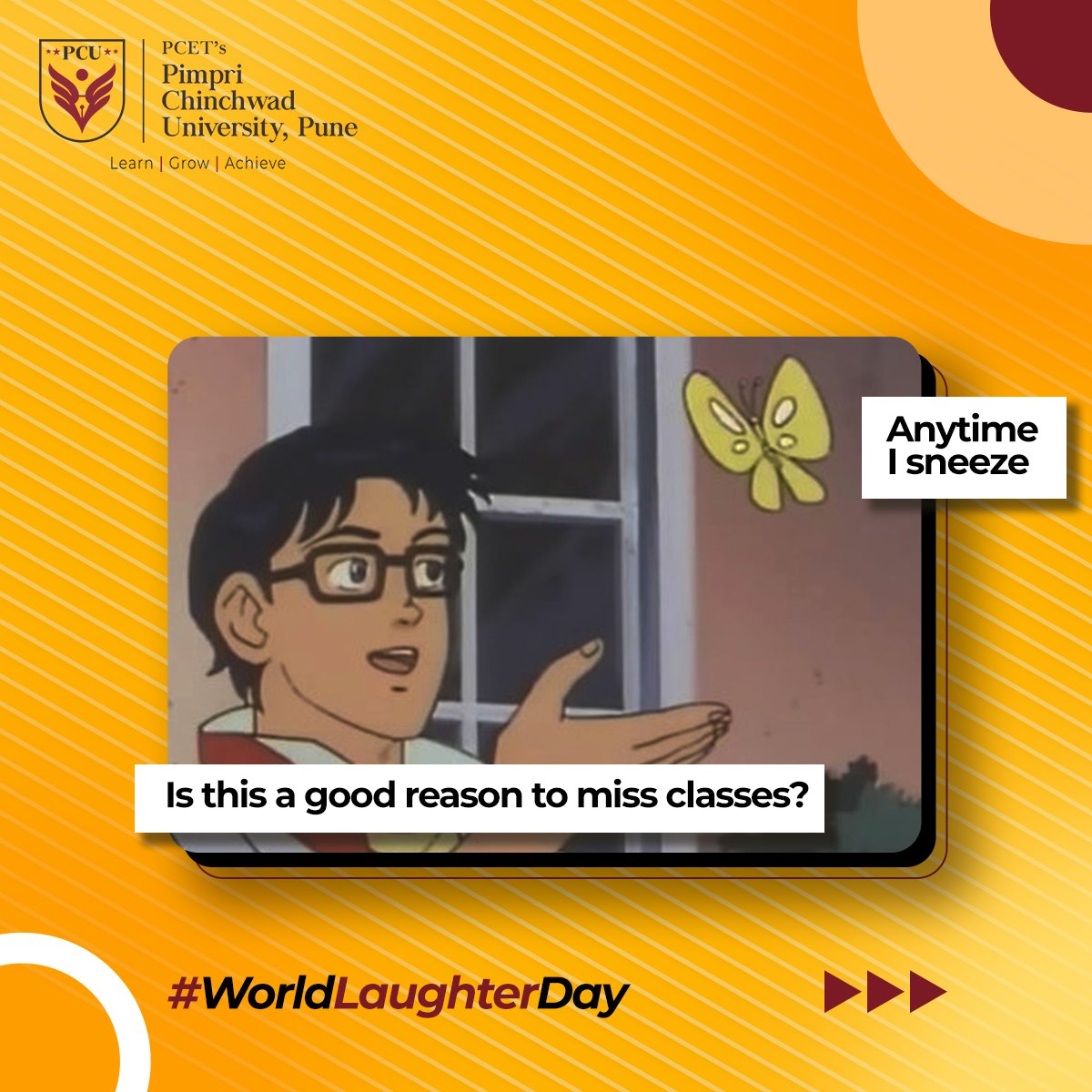 Gear up for some giggles! Celebrating #LaughterDay with timeless memes that never fail to crack us up.

#PimpriChinchwadUniversity #pcetpcu #pcupune #PCUStudents #Laughterday #laugh #memes #funnybones #laughter