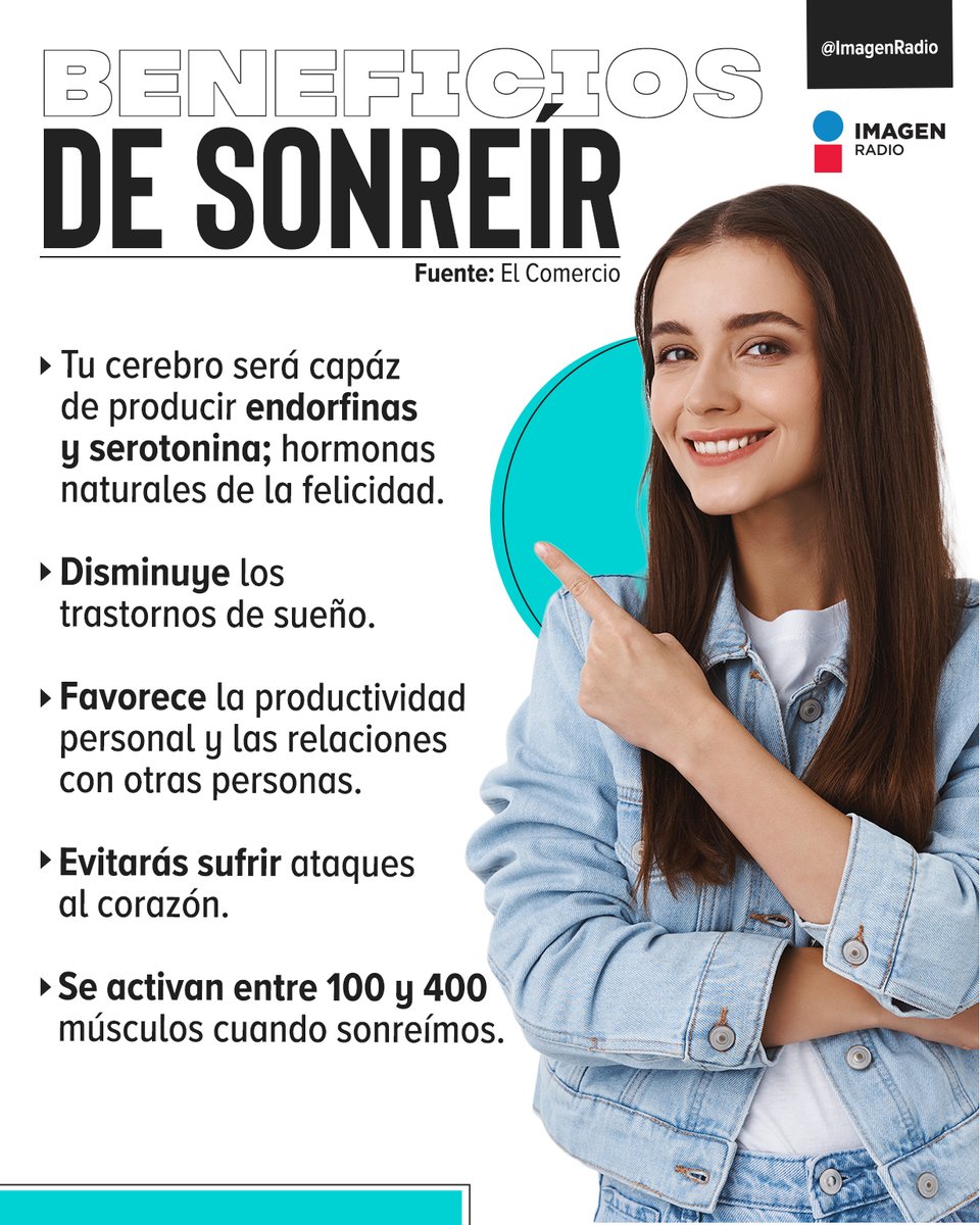 Imagen_Mx's tweet image. 👄 ¿Conoces los beneficios de la sonrisa?m😊

En este #DíaMundialDeLaRisa no olvides #sonreír para tener estos beneficios.😄☺️

#PoniendoAMéxicoEnLaMismaSintonía 
#Sonreír #Beneficios #Sonrisa
