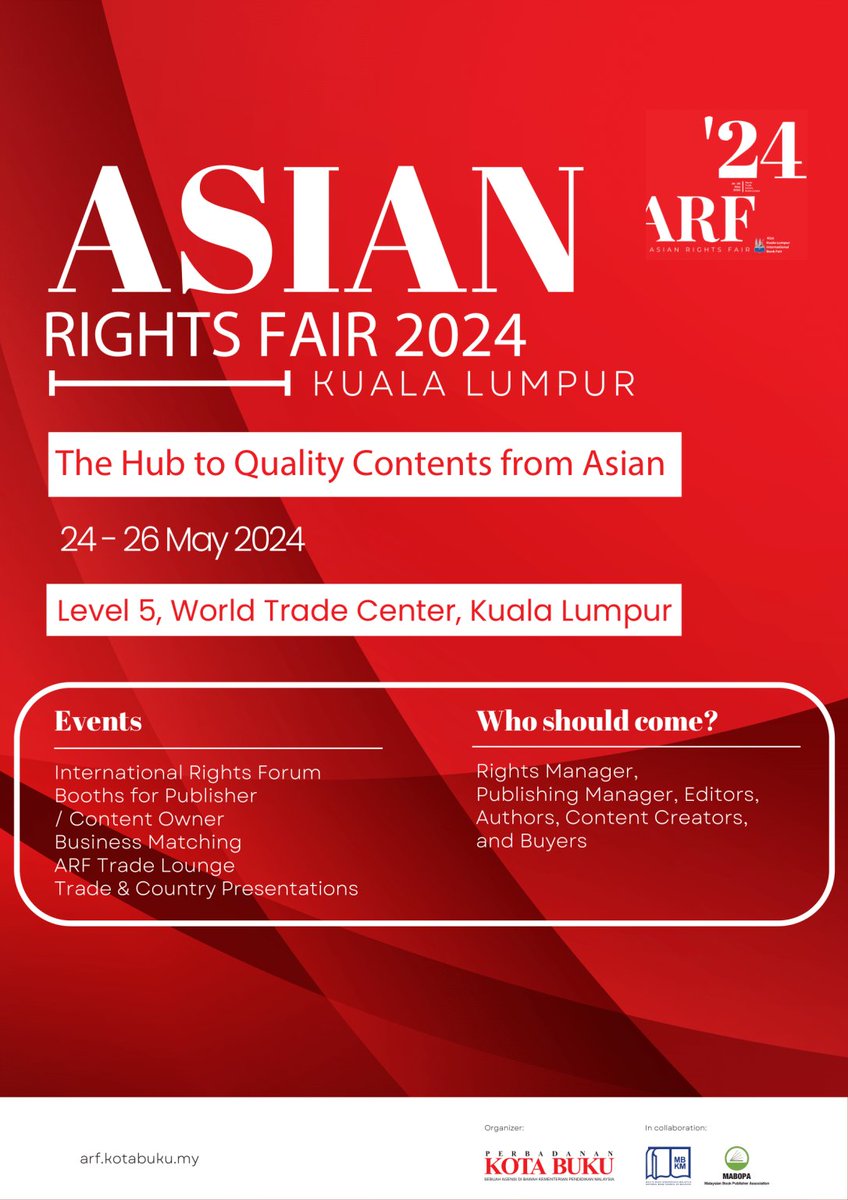 Asian Rights Fair 2024 di Aras 5, WTCKL, bermula 24 Mei - 26 Mei 2024.

#MalaysiaMembaca 
#DekadMembacaKebangsaan 
#BooktokMalaysia 
#PBAKL2024 
#KLIBF2024
