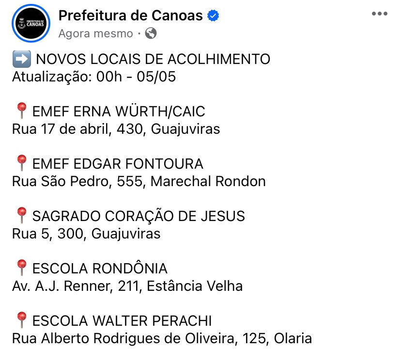 ➡️ NOVOS LOCAIS DE ACOLHIMENTO
00h - 05/05