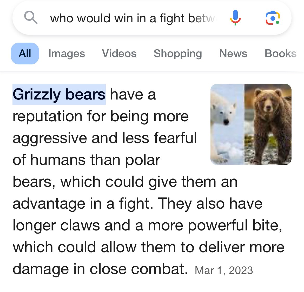 Haha all you said polar bear but google is free. Grizzly in game 7 OT. Animal planet.