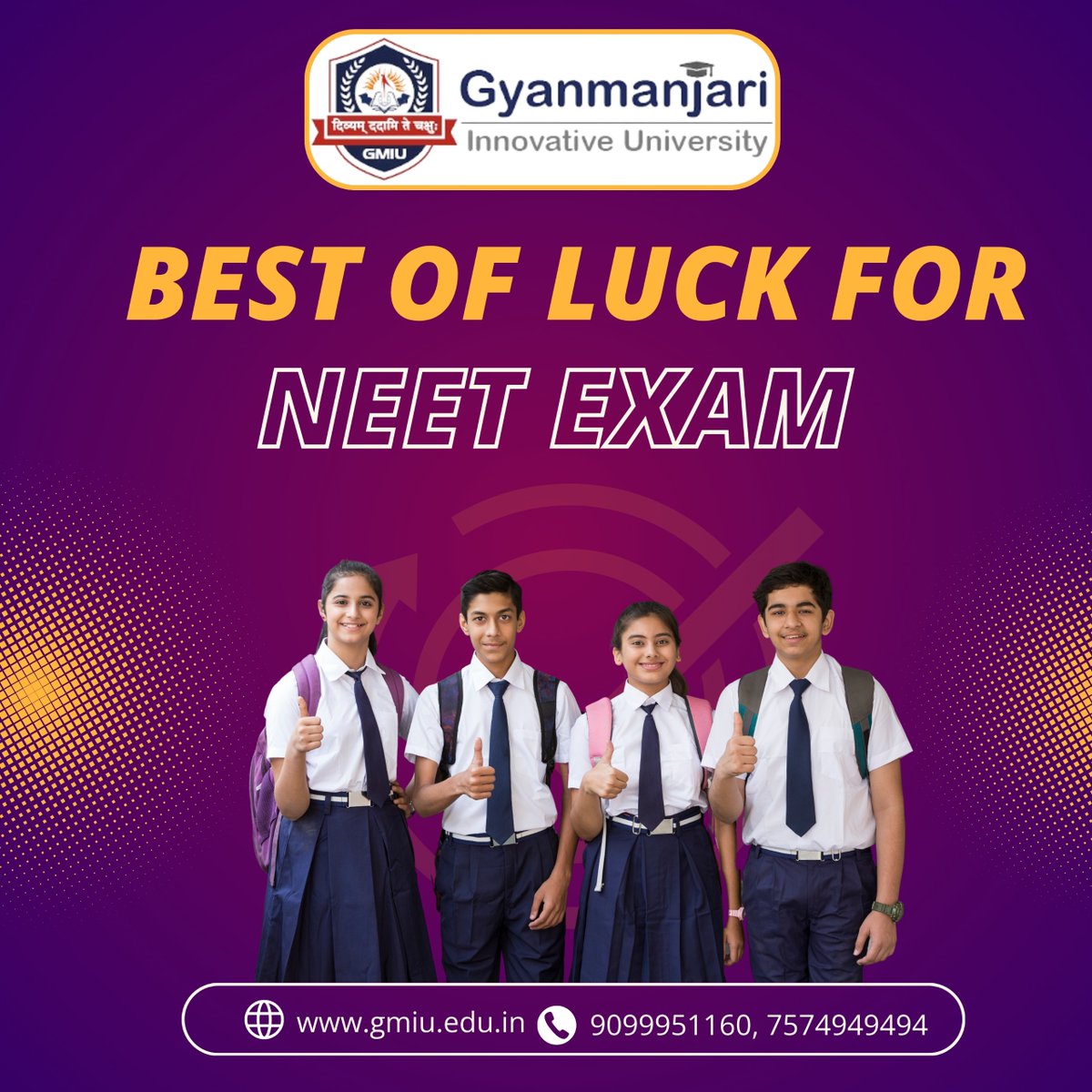 Wishing You The Best Of luck for NEET Exam -GMIU #gyanmanjariinnovativeuniversity #neet #exam #bestofluck #student #science #board #university #admissions #neetexam