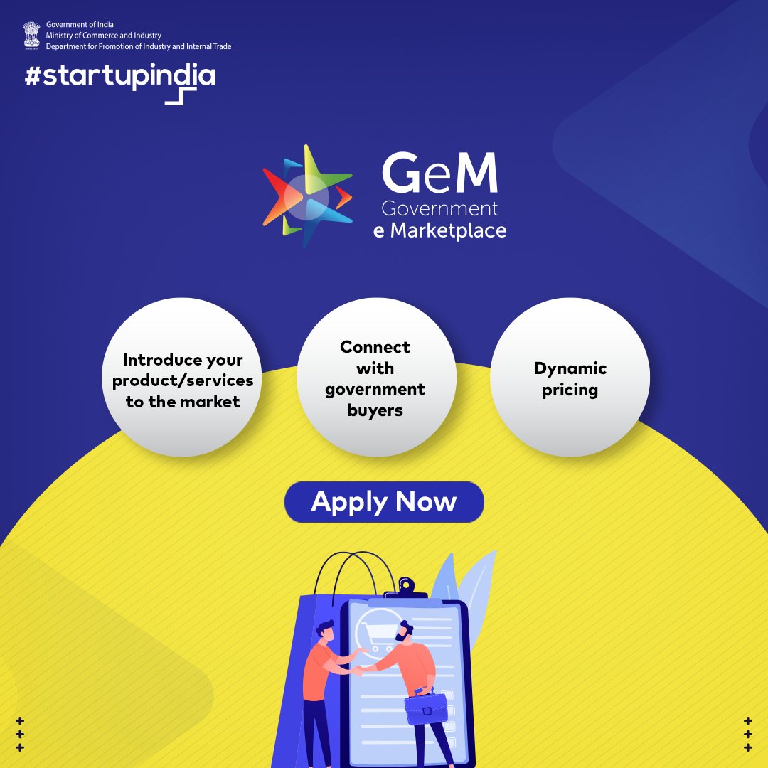 Want to make a splash in the government procurement space? #GovernmenteMarketplace (#GeM) is your ticket to success! Don't miss out on this opportunity to scale your business and make a meaningful impact. Apply now- bit.ly/3UPaUJy #StartupIndia #DPIIT