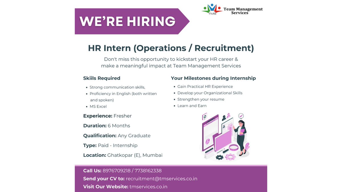 Ready to dive into the world of HR? Join us for an unforgettable internship experience!  

recruitment@tmservices.co.in | 8976709218 – 7738162338 

#tms #HRmodeON #hr #hrservices #hroutsourcing #hrsolutions #mumbai #sunday #HRInternship #careergrowth #internship #hiringintern