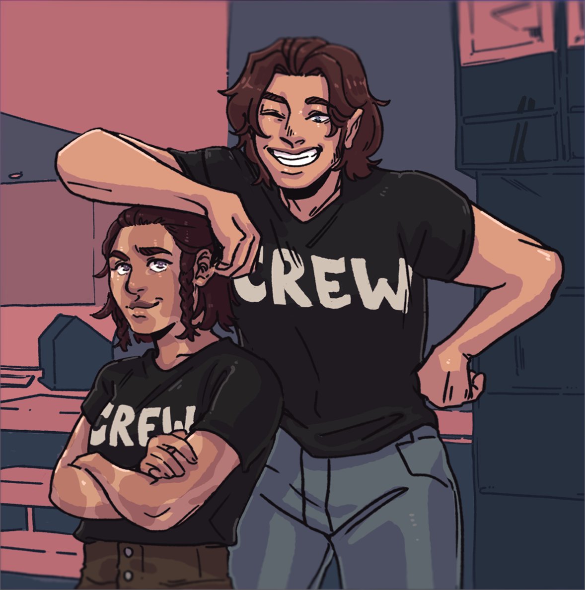 Reminiscing on the bit of the band AU for our campaign where Erik & Saana are roadies who help set up the stage, lift heavy things and wire things up.

Also shout out to my bb Goro asking 'Rik out uwu~ 
Saana belongs to @lilaeleaf 

#croquisdennui