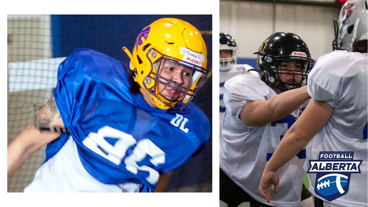 Chance Littlewolfe of Lloydminster Barons (left) and Scanie Ryder of Cold Lake Royals try out in the Selection Camp earlier today. 🏈🏈 #football #footballalberta #teamalberta #indigenous