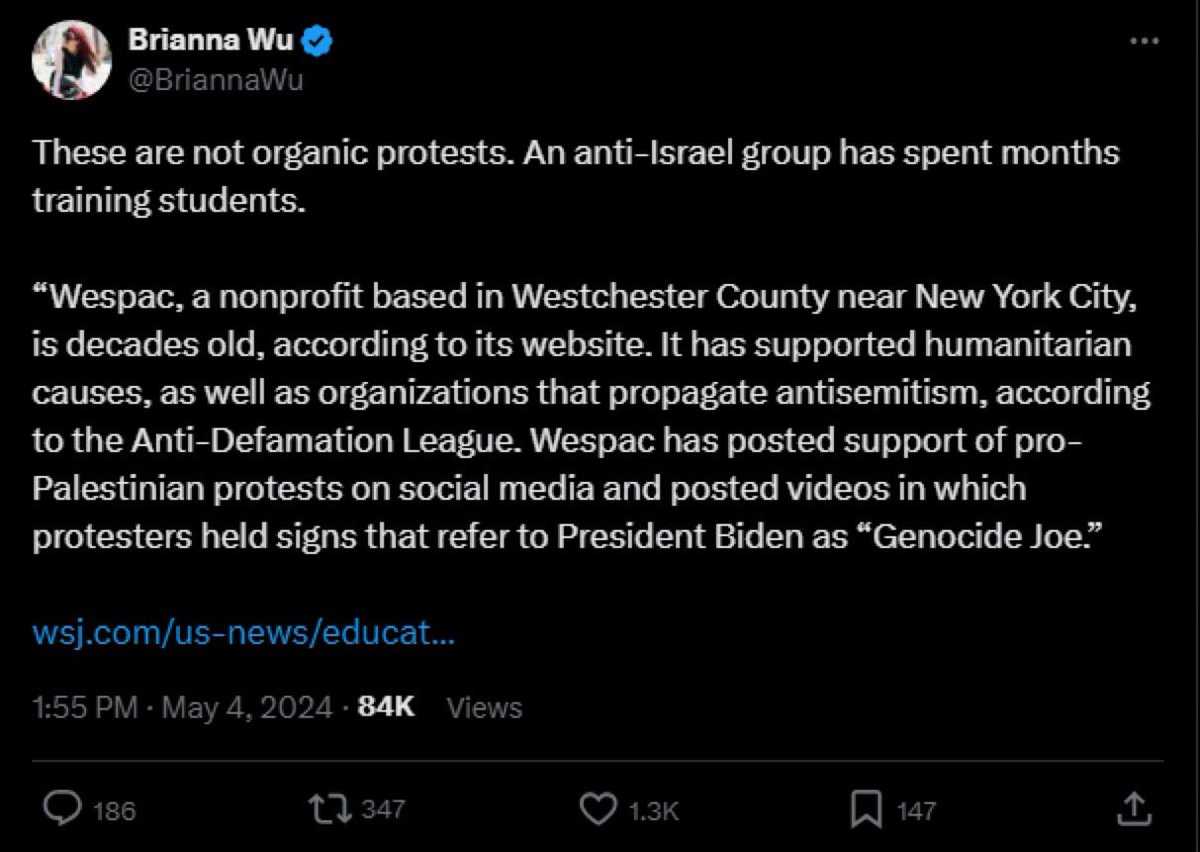 This is a fascinating tweet, because of the level of horseshit it is. First, it uses the ADL, as as it’s only source for what is or is not antisemitism. Secondly, it’s initial claim, that the current protests are a fabrication, it’s not even slightly justified by the a tweet