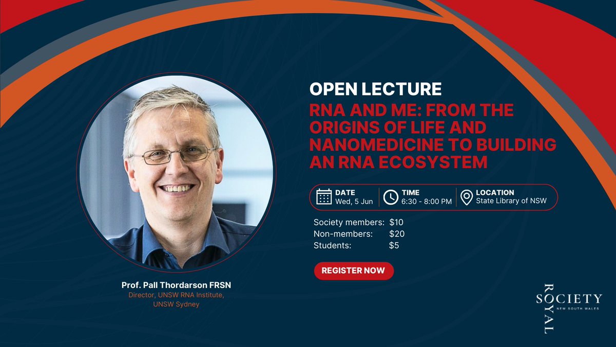 Registration is open for our next Open Lecture on Jun 5! Come and hear @PalliThordarson discuss his work with RNA, from its possible role in the origins of life, to is application in nanomedicine, to the development of an RNA ecosystem in Australia: members.royalsoc.org.au/eventdetails/2…