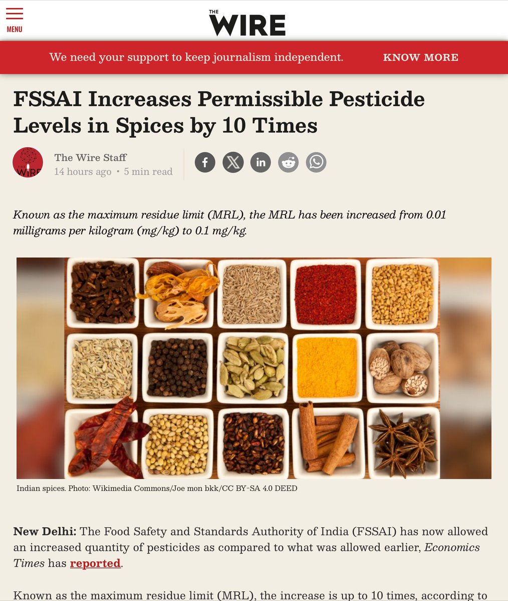 citizen_kau's tweet image. Few days ago concerns were raised by a number of countries regarding high pesticide content in Indian spices. 

Meanwhile, Indian regulator FSSAI has found an easy solution.

Just increase the permissible limit of pesticides by 10 times what was allowed earlier. Problem solved.