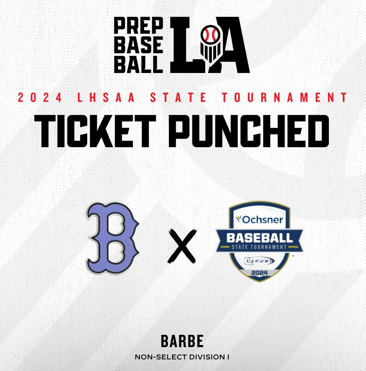 🎟️ 𝐓𝐢𝐜𝐤𝐞𝐭 𝐏𝐮𝐧𝐜𝐡𝐞𝐝 We’ll see the Non-Select Division I #1 seed Barbe in Sulphur, LA next week for the 2024 @LHSAAsports State Tournament! #BeSeen @prepbaseball | @AlexArmandPBR