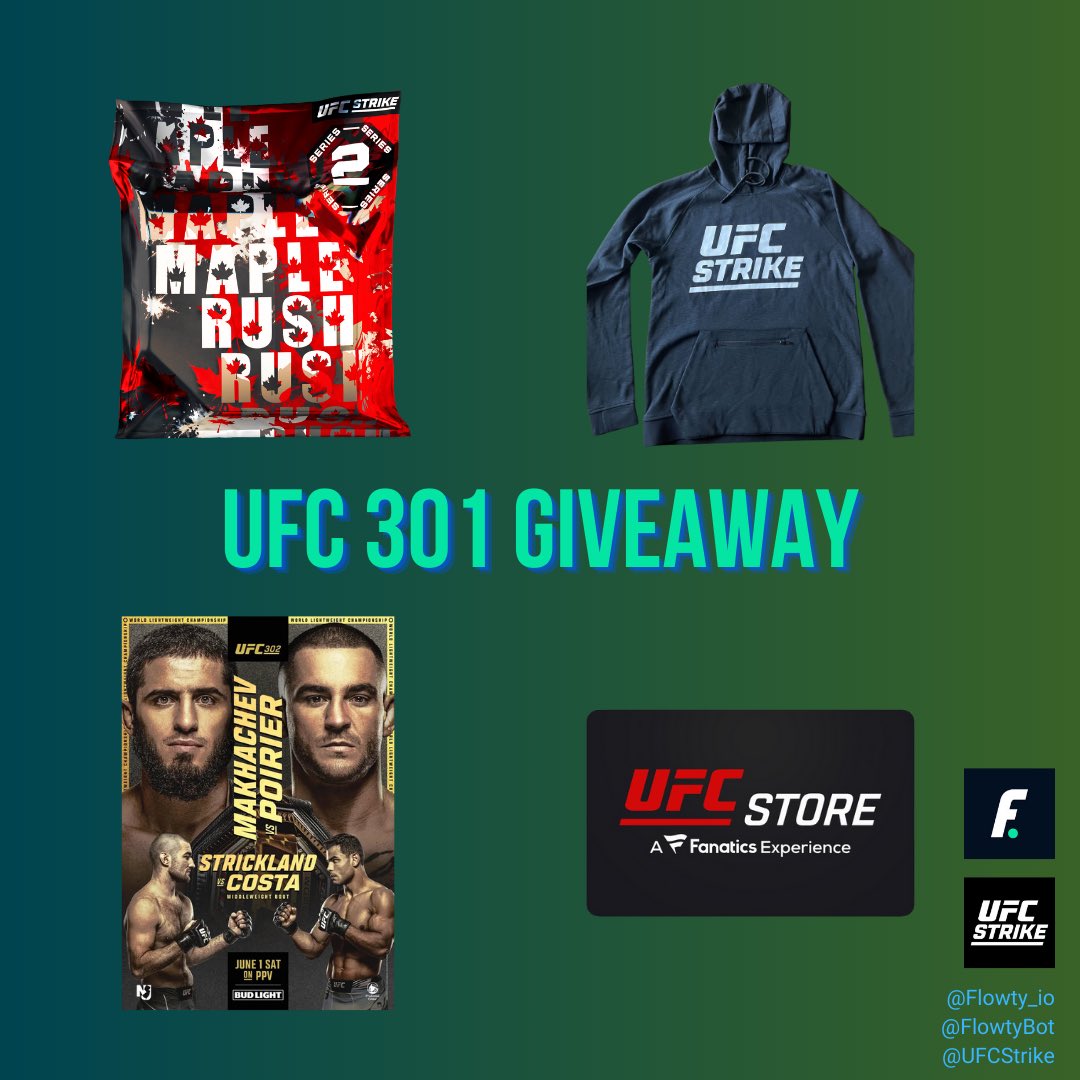 Courtesy of @UFCStrike, we’re hosting a GIVEAWAY to celebrate #UFC301! 👊 🎁1 winner will have their choice of these prizes: - UFC Strike LE Sweatshirt XL - #UFC302 PPV Code - $50 #UFC Store Gift Card - UFC Strike Maple Rush Base Pack To enter: ✅ ❤️ & ♻️ ✅ Follow @flowtyBot…